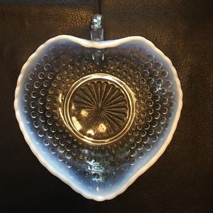Vintage Fenton moonstone heart shaped candy dish with handle perfect condition.